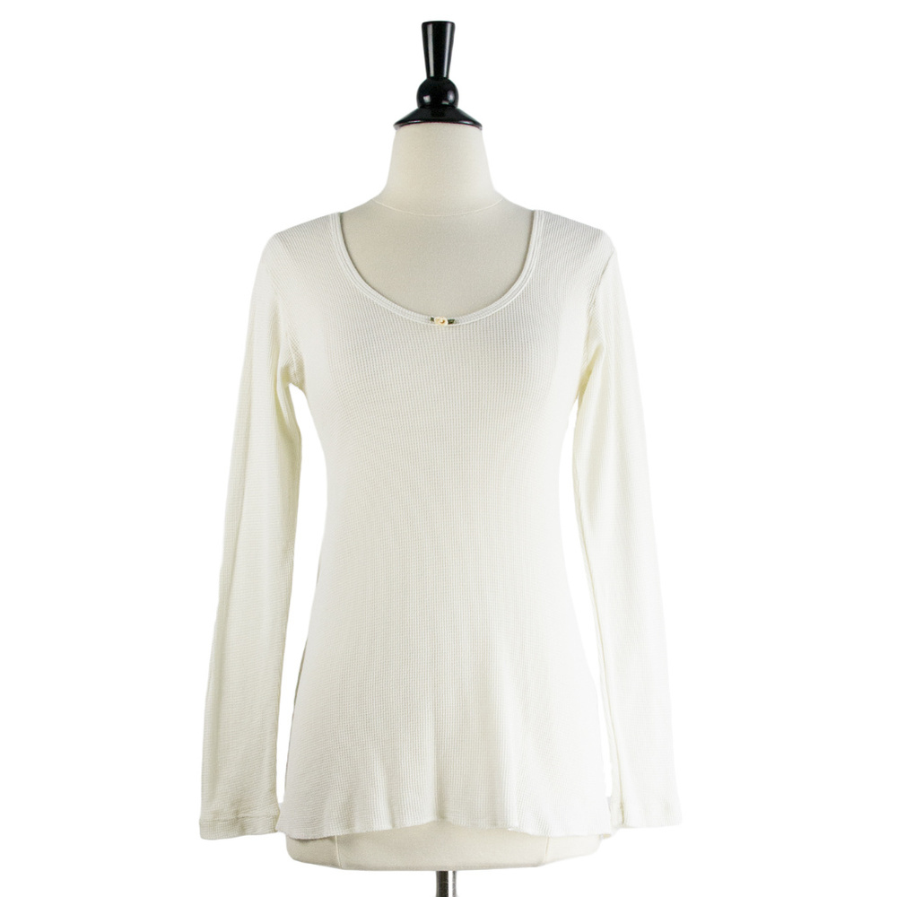 Off-white Long Sleeve Cotton Thermal Scoop Neck Rosette Trim Top